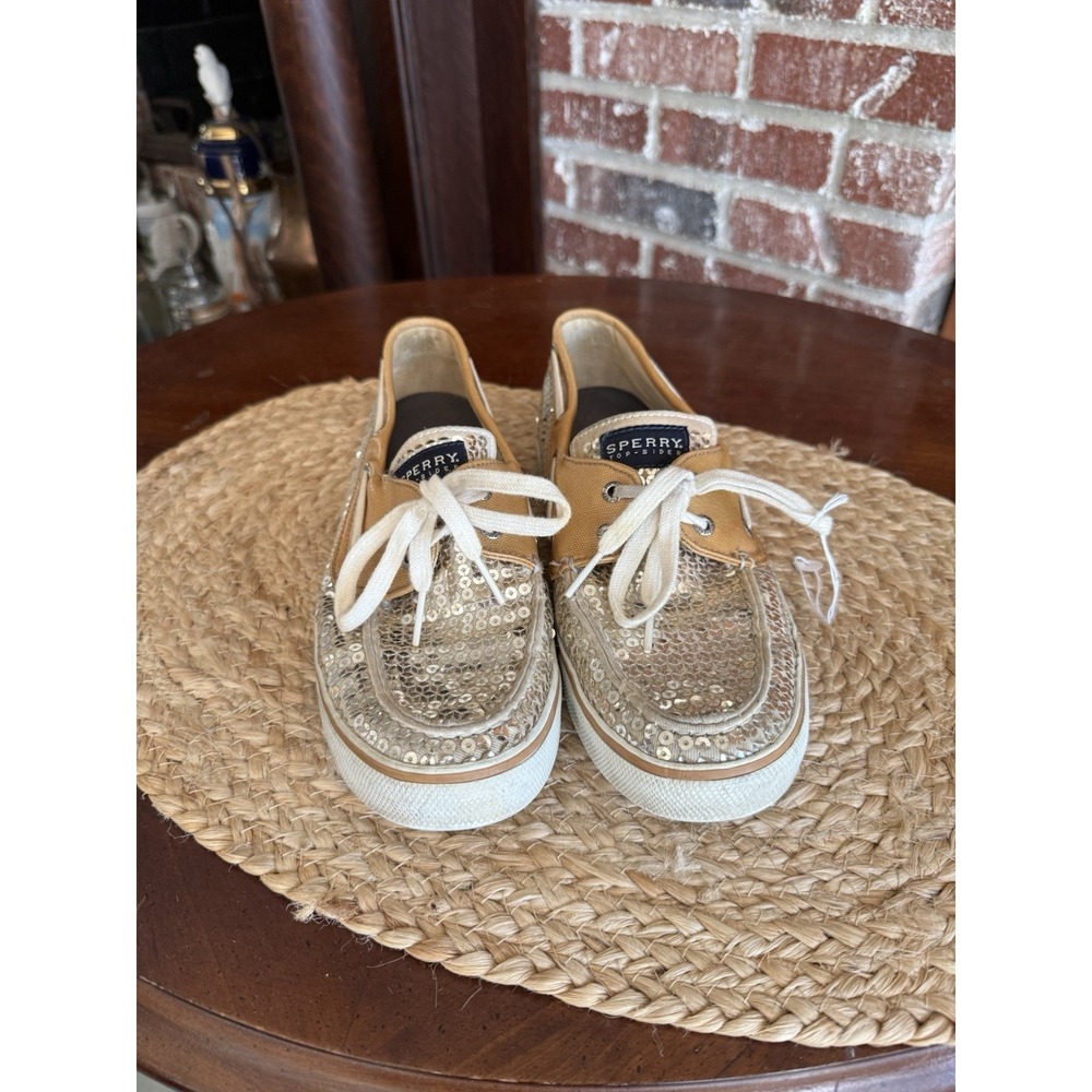 Sperry Top - Sider Gold Sequin Tan Boat Deck Shoes Womens Size 9 M
